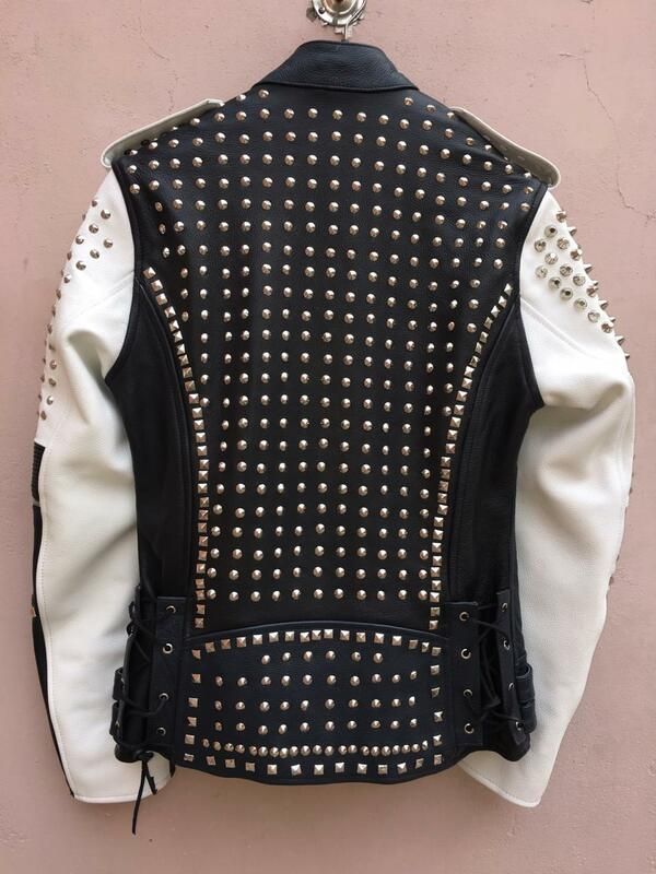 Men's Awesome and Classic Fashion Punk Studded Jacket Black and White Leather Jacket on Storenvy Punk Biker Jacket With Studs For Streetwear, Studded Black Leather Jacket For Streetwear, Punk Studded Biker Jacket For Streetwear, Fitted Punk Leather Jacket With Spikes, Police Jacket, Gothic Leather Jacket With Studs, Diy Clothes Accessories, White Leather Jacket, Studded Jacket