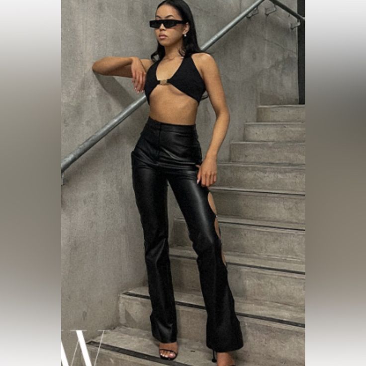 Alexa Cut Out Side Faux Leather Pants From Meshki. Size Xs, Black. Straight Leg. Nwt, Faux Leather Is Very Soft Long Torso, Halter Crop Top, Faux Leather Pants, Gold Accessories, Brides And Bridesmaids, Orange Dress, New Tops, Summer Maxi Dress, Black Crop Tops