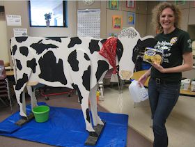 a woman standing next to a fake cow in a room with other items on the floor