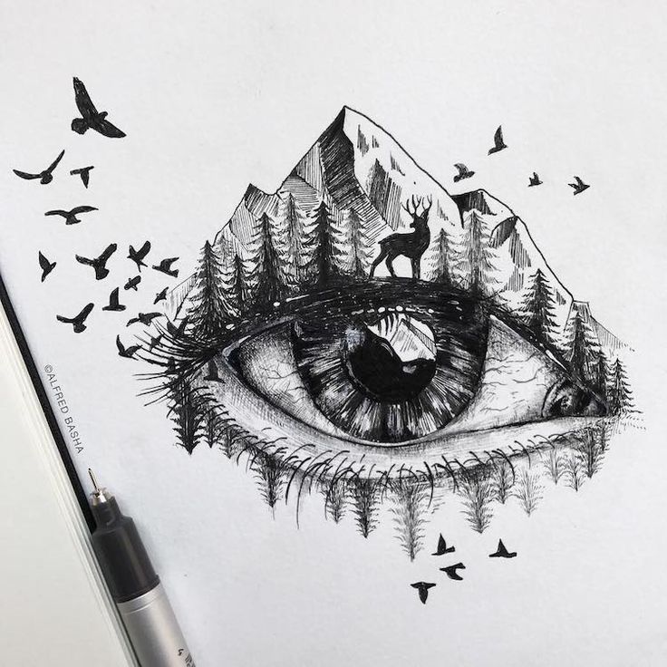 an eye with birds flying around it and trees in the background, on top of a paper