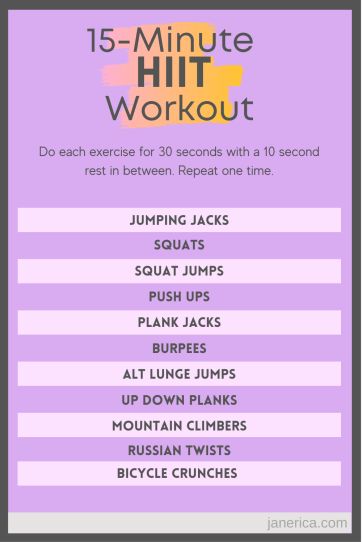 the 15 - minute hiit workout is shown in purple and yellow, with text that reads