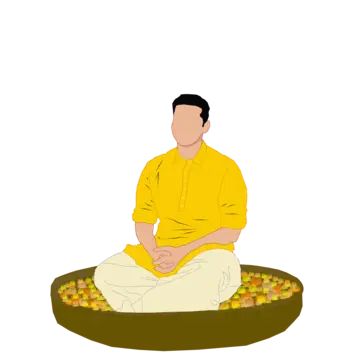 a man sitting on top of a bowl filled with corn kernels in front of him