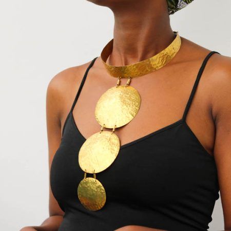 NANJI Brass Choker Necklace Naruki Adjustable Gold Bib Choker Necklace, Elegant Gold Choker Bib Necklace, Elegant Gold Choker With Round Pendant, Elegant Gold Long Bib Necklace, Elegant Long Gold Bib Necklace, Gold Bib Necklaces For Wedding, Party Pendant Brass Necklace, Elegant Brass Choker For Party, Gold Long Bib Necklace As Gift