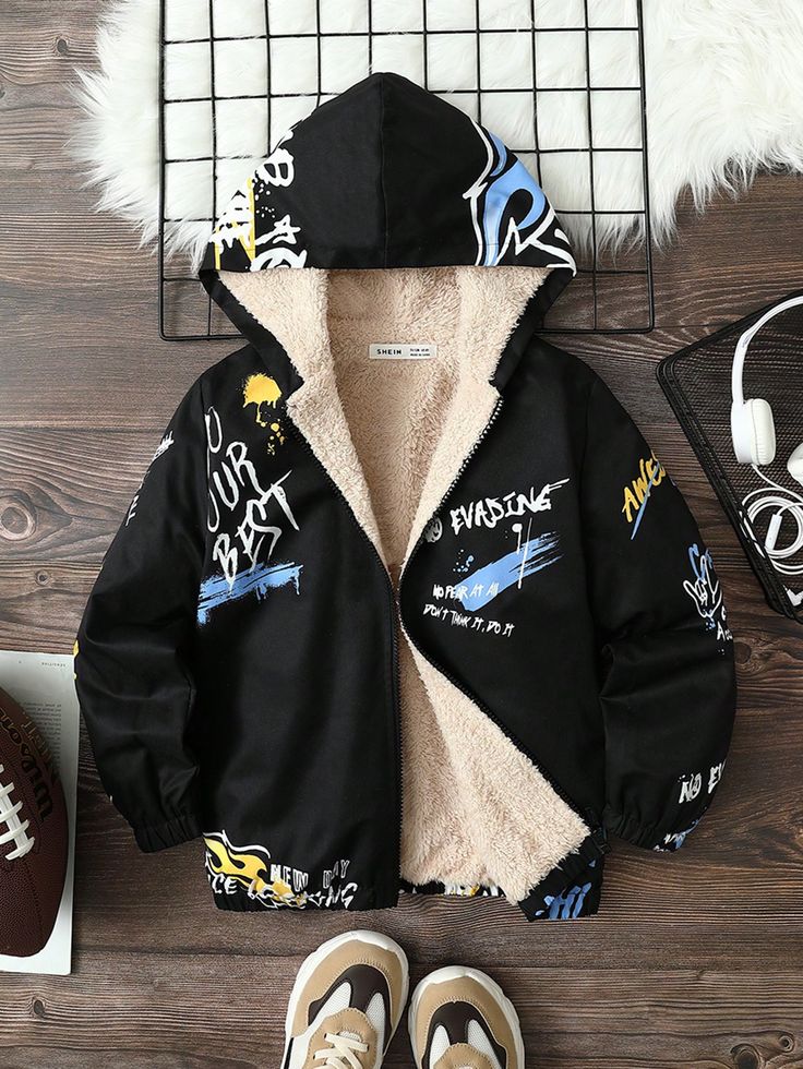 Black Casual Collar Long Sleeve Woven Fabric Slogan Other Embellished Non-Stretch  Tween Boys Clothing Boys Jacket, Boys Clothing, Black Casual, Boy's Clothing, Hooded Jacket, Woven Fabric, Zip Ups, Long Sleeve, Fabric