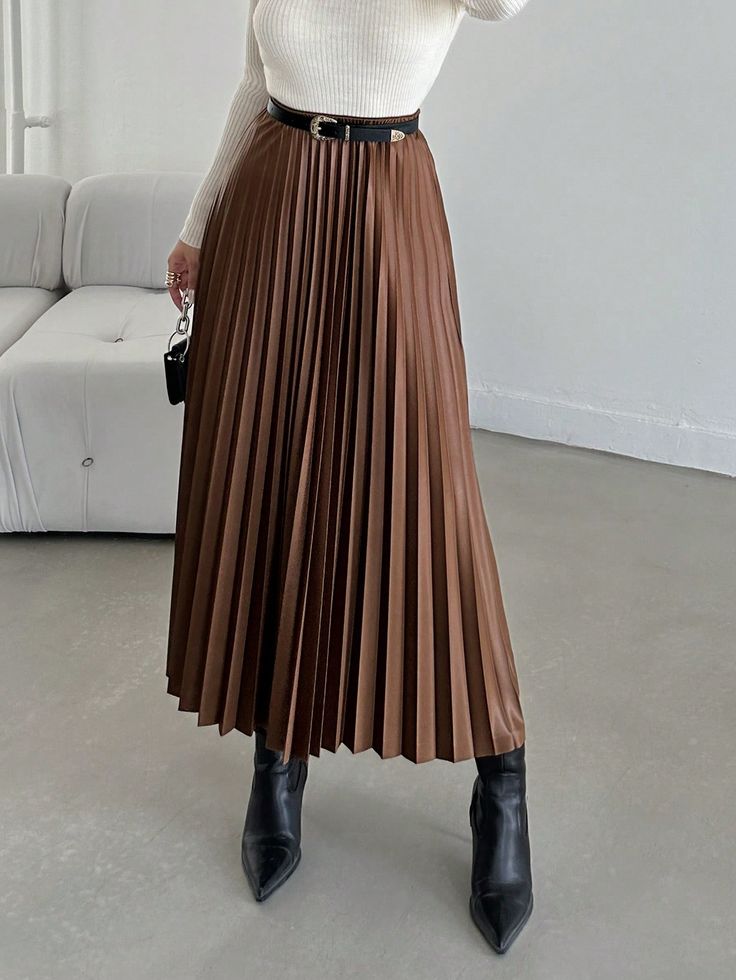 Jupe Taille Haute Plissé en PU (Sans Ceinture) Tabac Élégant   Polyuréthane Unicolore Plissé Pas de l'extensibilité  Women Clothing, size features are:Bust: ,Length: ,Sleeve Length: Brown Leather Pleated Skirt Outfit, Plisse Skirt Outfit, Brown Pleated Skirt Outfit, Leather Pleated Skirt Outfit, Jupe Outfit, Long Pleated Skirt Outfit, Brown Pleated Skirt, Rok Outfit, Pleated Skirt Outfit