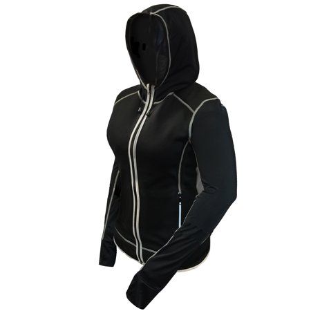 Get the most out of your workout with the SaunaFX Women's Neoprene Hooded Paneled Jacket. This jacket helps increase your bodies temperature and targets heat to assist in trimming your most stubborn areas. Targets Chest, Back, Core, Abs, Love Handles, Waist, and Stomach. The form-fitting design slims and tones while also keeping your muscles warm during indoor and outdoor workouts to aid in preventing any injuries. Additionally, the reflective printing provides visibility and safety for outdoor Breathable Hooded Techwear Activewear, Hooded Nylon Techwear Activewear, Hooded Techwear Activewear In Nylon, Hooded Techwear Activewear For Workout, Nylon Techwear Activewear With Hood, Black Hooded Outerwear For Running, Black Nylon Athleisure Hooded Jacket, Winter Hooded Activewear For Running, Functional Stretch Hoodie Sweat Resistant