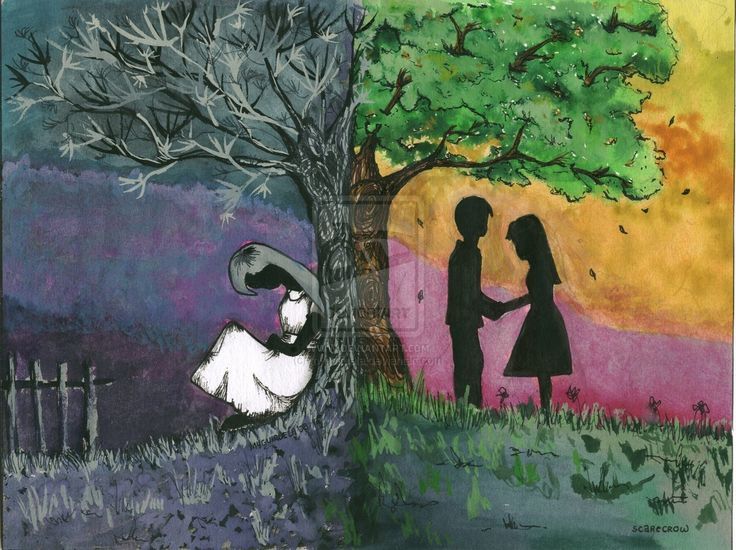 a drawing of two people standing next to a tree with a sunset in the background