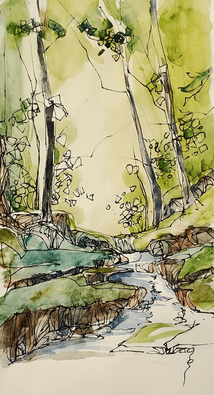 a drawing of a stream in the woods