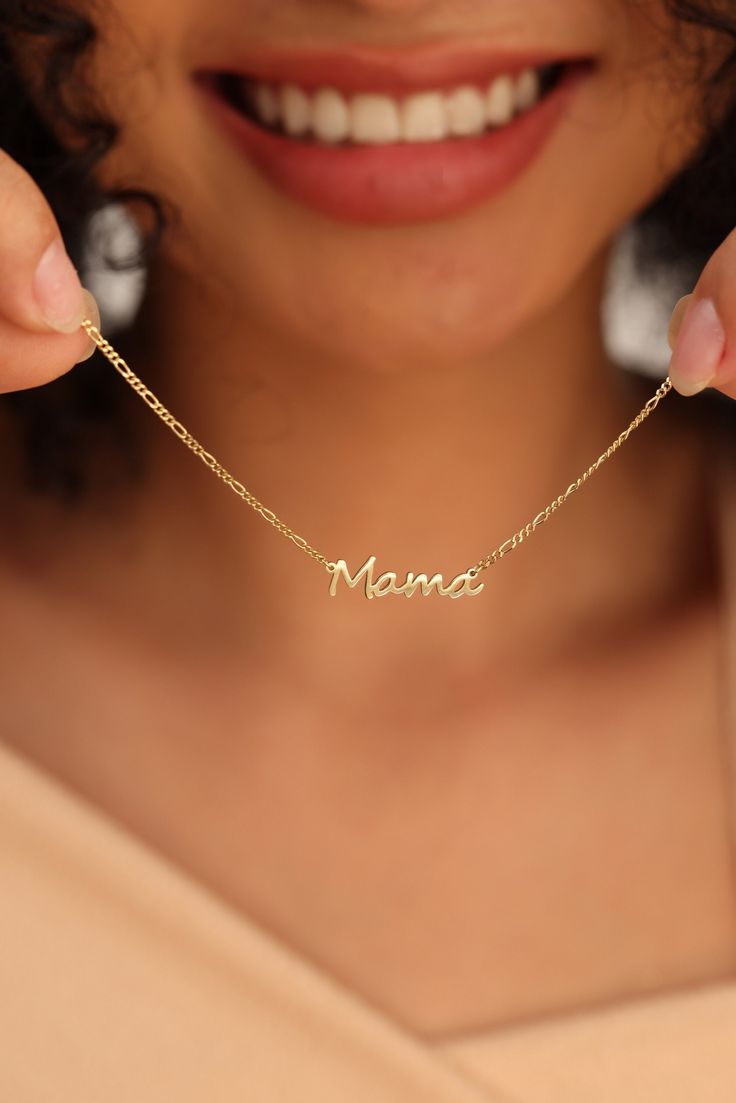 Mama- MAMA NECKLACE- Ready to ship items. DETAILS: Material: .925 Sterling Silver - Color: Gold Filled is available. If you want Silver or Rose Gold, please contact us. *Gold Filled is made of thick 14k gold or rose gold layered on .925 sterling silver. - Kind of chain:  Mama Script  font: Figaro Chain,  Uppercase letter is approx 6 mm in height. MAMA Black font: Bold Curb Chain,  Uppercase letter is approx 5mm in height. This listing is a READY-TO-SHIP necklace as sample. - Chain Length: Select Mother's Day Nameplate Necklace, Name Necklace With Adjustable Chain As Gift For Mom, Meaningful Name Necklaces For Mother's Day, Custom Name Necklaces For Mother's Day, Meaningful Name Charm Necklaces For Mother's Day, Custom Name Necklaces For Everyday & Mother's Day, Letter Name Necklace For Mother's Day, Letter Shaped Name Necklace For Mother's Day, Dainty Name Necklace For Mom