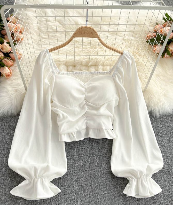 Design High Waist Retro Shirt Top Unique Tops For Women Fashion, White Top Fancy, Fancy Top Outfits, Chic Chiffon Tops For Work, Chic Fitted Chiffon Blouse, Elegant Fitted Chiffon Tops, Trendy Chiffon Tops For Work, Fitted Chiffon Tops For Work, White Chiffon Top For Fall