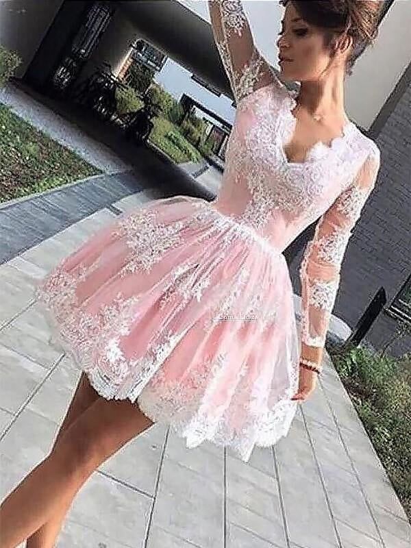 Key Features:Item Code: PON1506EV862Season: Spring,Summer,Fall,WinterNeckline: V-neckSilhouette: A-Line/PrincessSleeve: Long SleevesWaist: NaturalBack Style: OtherHemline/Train: Short/MiniShown Color: Pink Any questions about the item, feel free to Contact Us Junior Homecoming Dresses, Long Sleeve Homecoming Dress, Pink Lace Shorts, Kain Tile, Long Sleeve Homecoming Dresses, Homecoming Dresses Lace, Cute Homecoming Dresses, Mini Homecoming Dresses, Pink Homecoming Dress