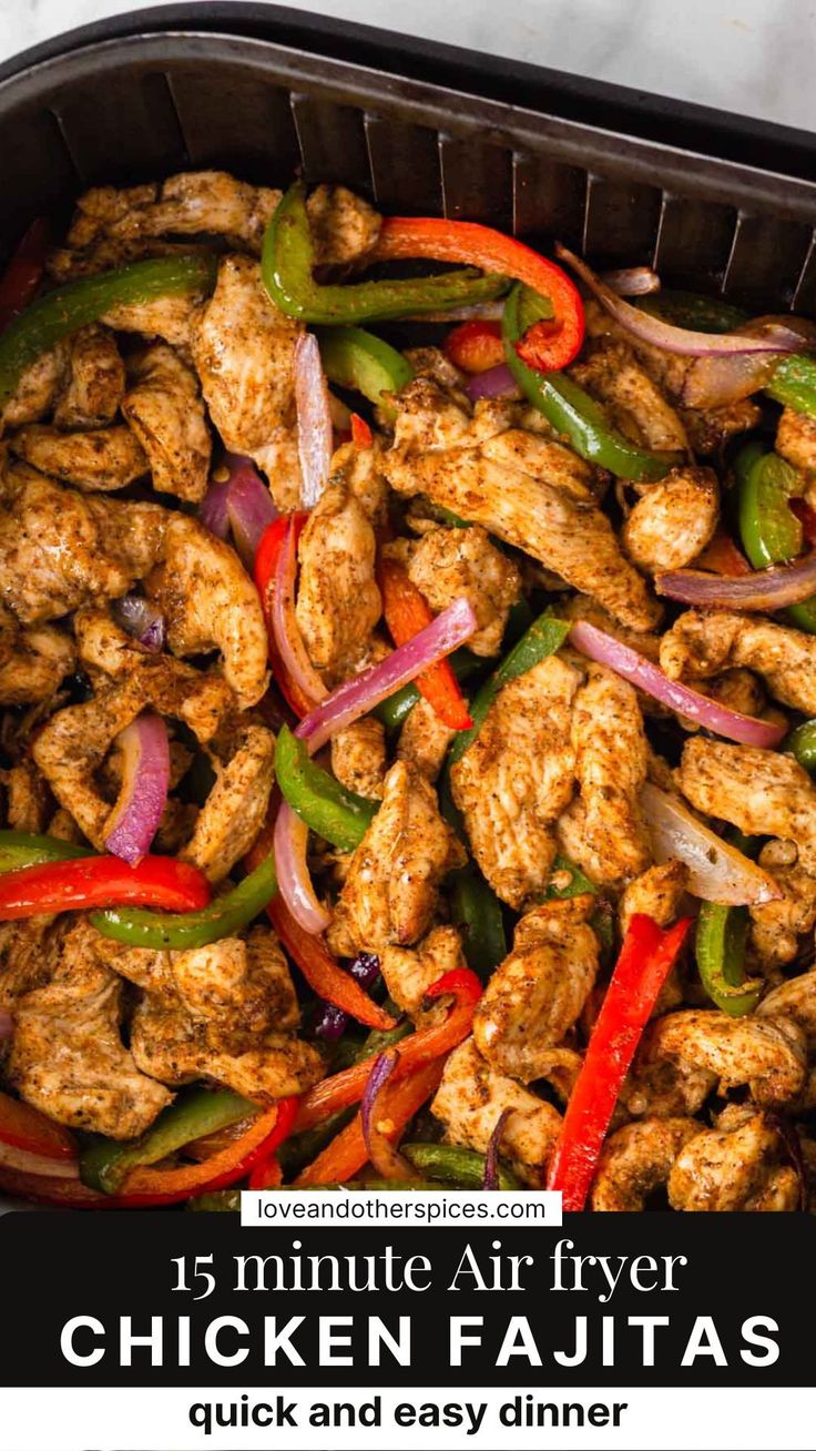 chicken fajita with peppers and onions in a black container