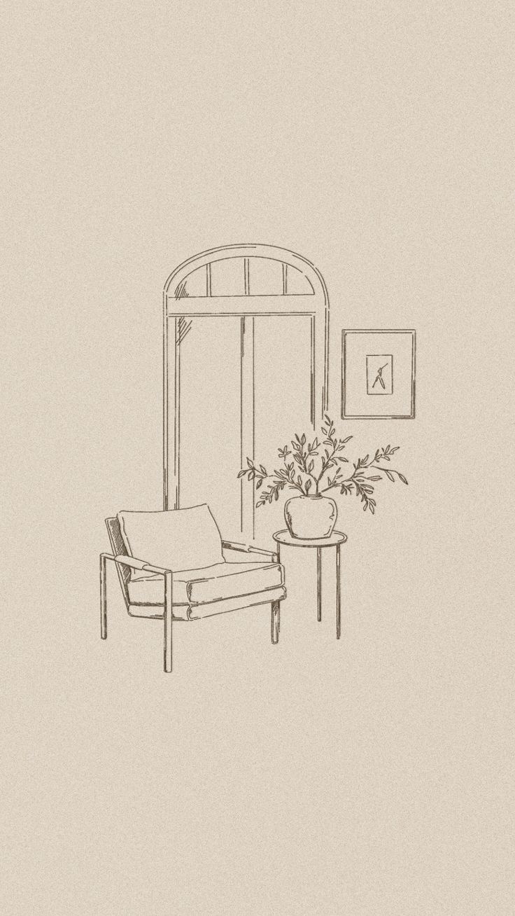 a drawing of a living room with a chair and table next to a vase filled with flowers