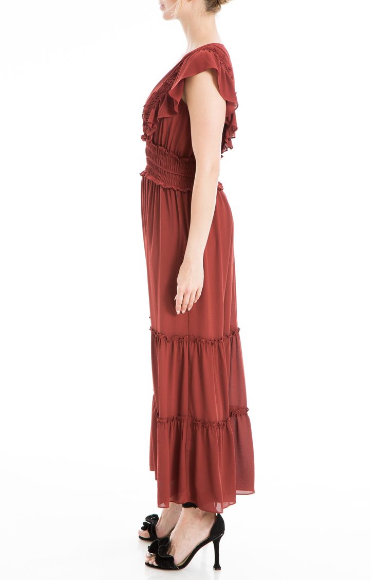 Lightweight fabric is shaped into this flowy crepe maxi dress designed with tiers of ruffles and smocked detailing. Surplice V-neck Short flutter sleeves 97% polyester, 3% spandex Machine wash cold, line dry Imported Model stats: 5'10", 32" bust, 25" waist, 36" hip. Model is wearing size Small. Crepe Maxi Dress, Maxi Dress Designs, Max Studio, Maxi Dress With Sleeves, Flutter Sleeves, Flutter Sleeve, Nordstrom Rack, Lightweight Fabric, Ruffles