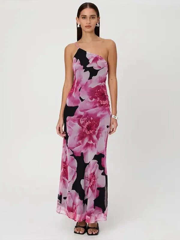 One Shoulder Cut Out Back Long Mesh Floral Dress - SHExFAB Party Maxi Dress With Floral Print And Asymmetrical Neckline, Party One-shoulder Maxi Dress With Floral Print, One-shoulder Floral Maxi Dress For Party, Spring Floral Print Strapless Prom Dress, Spring Prom Strapless Floral Dress, Spring Prom Strapless Dress With Floral Print, Fitted One Shoulder Chiffon Dress With Asymmetrical Neckline, Fitted One-shoulder Chiffon Dress With Asymmetrical Neckline, One Shoulder Floral Print Prom Dress