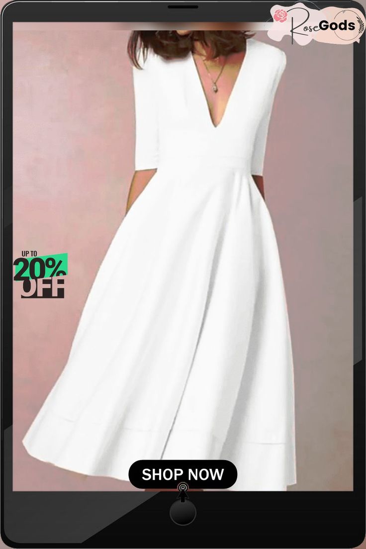 Women's Swing Dress Midi Dress Half Sleeve Solid Color Spring & Summer Hot White Dresses White Shift Dress Solid Color, White Knee-length Solid Color Dress, White Knee-length Solid Dress, White Knee-length Dress, White V-neck Shift Midi Dress, White Shift Midi Dress With V-neck, Solid Color A-line Shift Midi Dress, Solid Color Shift A-line Midi Dress, Hot White Dresses