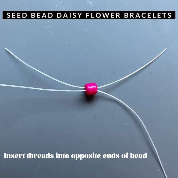 a pink bead on a black surface with text reading seed daisy flower bracelets insert threads into opposite ends of bead