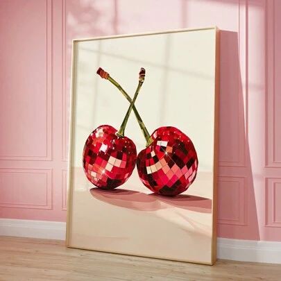 two red cherries in front of a pink wall