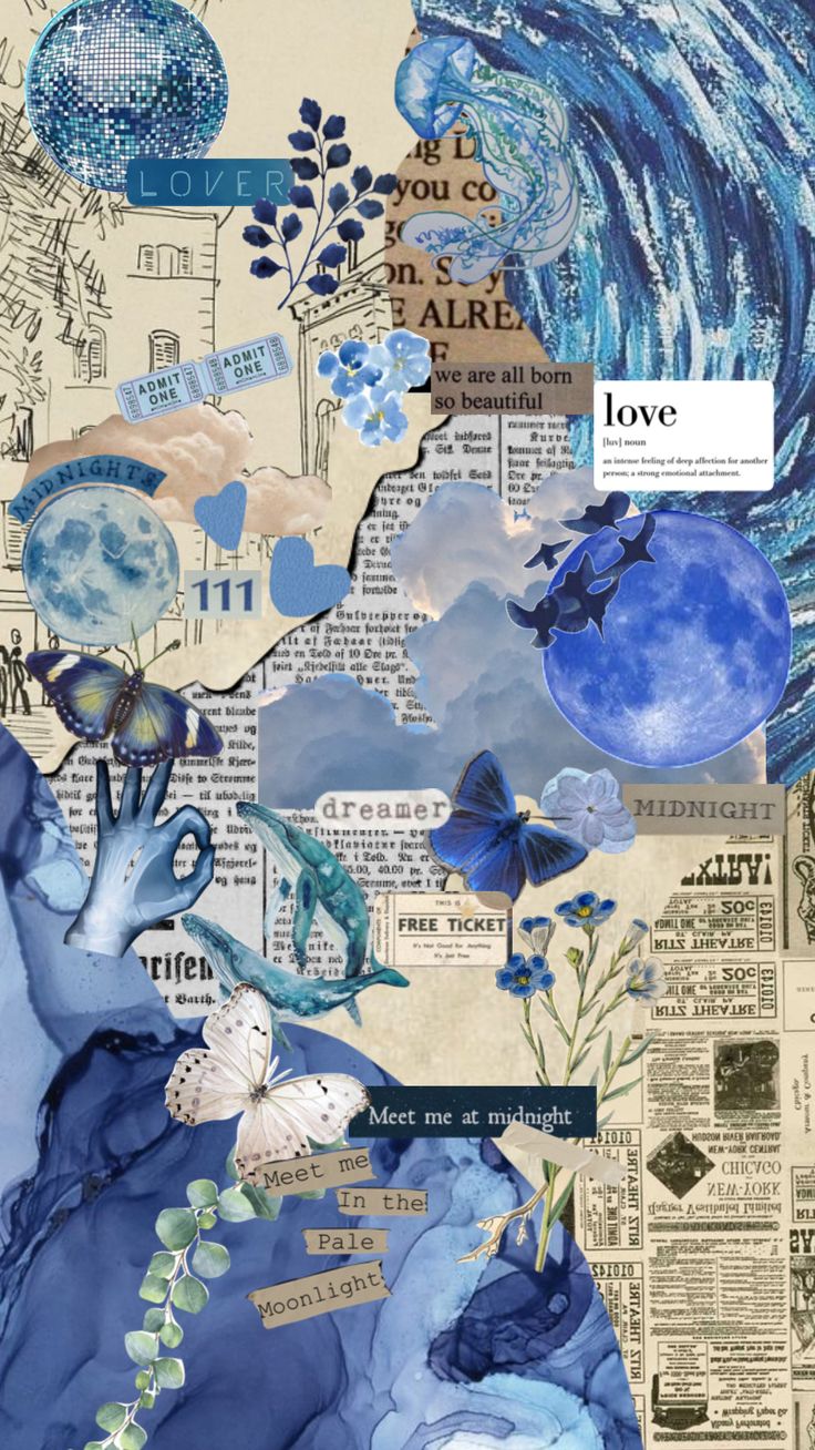 an altered collage with blue and white images