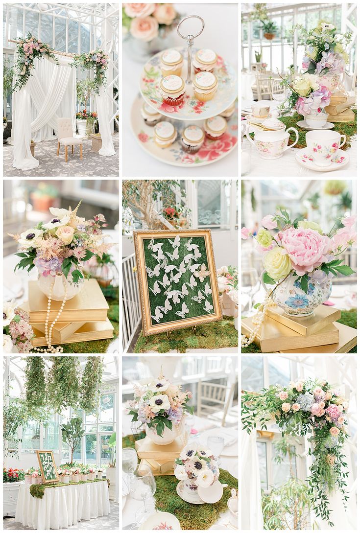 a collage of photos with flowers and desserts on display in the middle one photo has a cake, cupcakes, teacups, flower arrangement, and other pictures