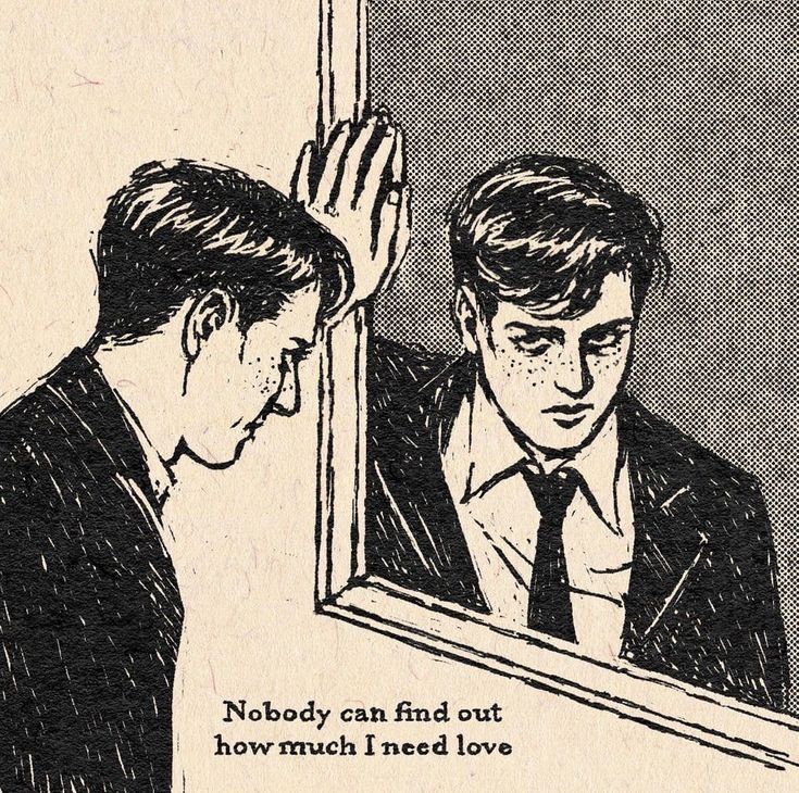 a man looking at himself in the mirror with his hand up to him, and another man's reflection