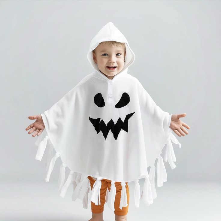 a little boy dressed in a ghost costume