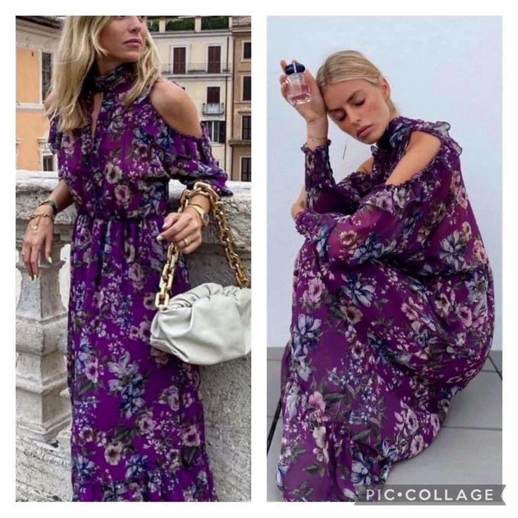 Purple Floral Chiffon Cold Shoulder Dress. Flowy And Romantic. New With Tags, Medium. Chic Purple Floral Print Maxi Dress, Chic Lavender Maxi Dress For Brunch, Fall Beach Maxi Dress In Purple, Purple Floral Print Dress For Day Out, Purple Maxi Dress For Beach In Fall, Purple Beach Dress For Fall, Chic Purple Maxi Dress With Ruffles, Purple Floral Print Maxi Dress For Date Night, Zara Purple Long Sleeve Dress