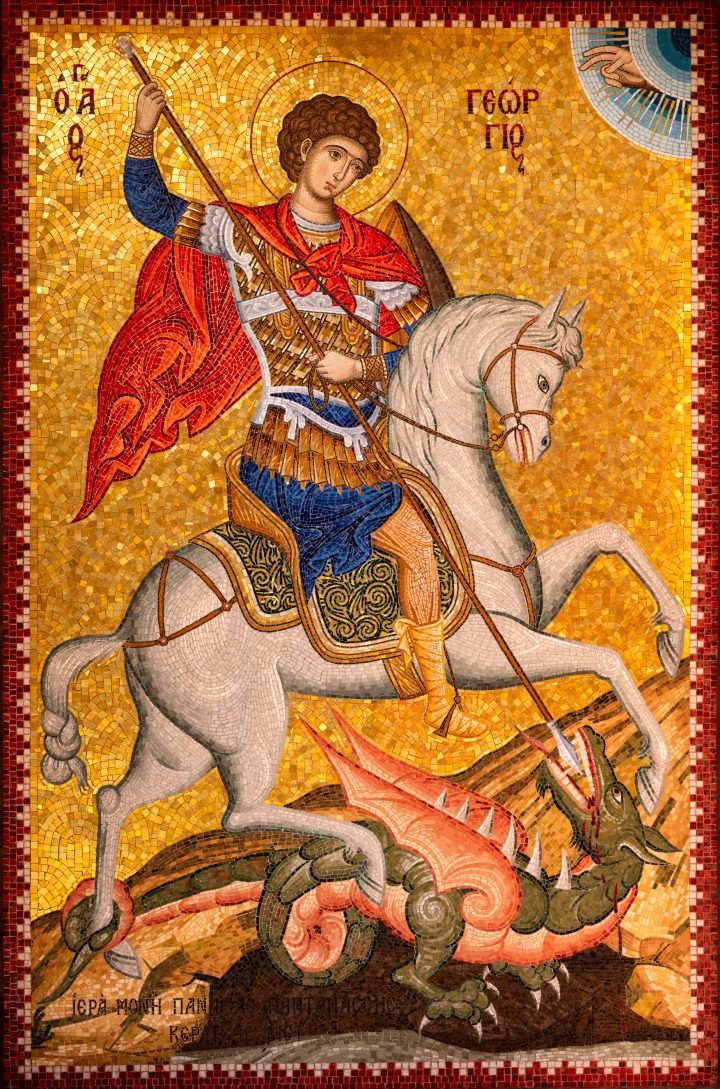 an icon of st george the great riding a horse