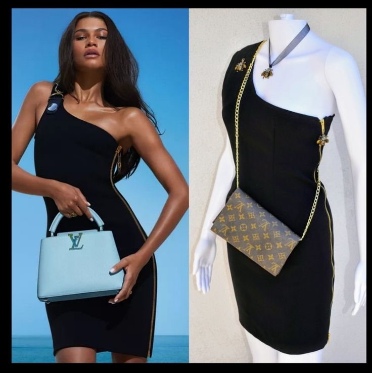 Yes Not Zendaya And Not Louis Vuitton I Took The Liberty To Redo An Armani Exchange Dress, I Add The Fully Open Zipper, The Garments, And Fully Scoop The Neck Line, The Dress Comes With The Matching Necklace, The Lv Bag Is Up For Sale On Separate Listing, I Add The Bag Just For Pictures Gorgeous Dress Looks Better Then Pictures Please Ask All Questions Prior Purchase. All Sales Are Final Thanks For Looking Luxury Mini Dress For Night Out, Luxury Black One-shoulder Dress, Designer Summer Mini Dress For Evening, Designer Mini Dress For Summer Evenings, Luxury Mini Dress For Summer Evenings, Luxury Evening Mini Dress For Summer, Luxury Summer Mini Dress, Luxury Summer Evening Mini Dress, Designer Black Summer Dresses