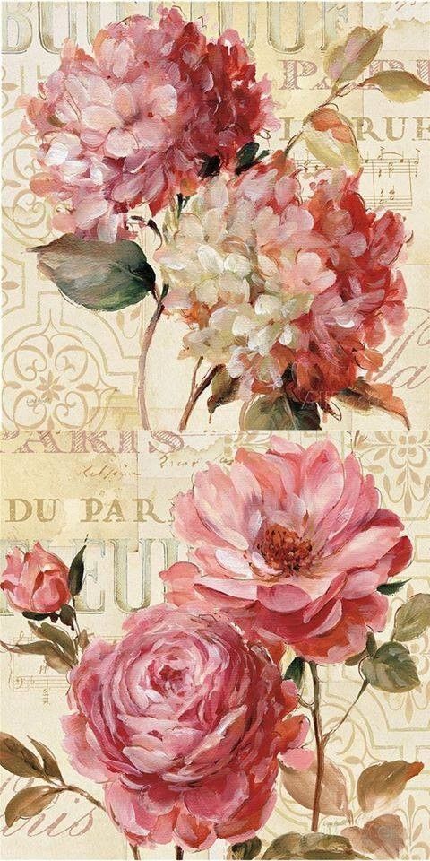 a painting of pink flowers on a beige background