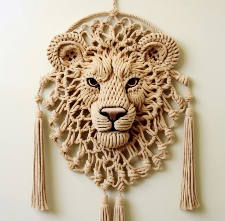 an intricately carved wall hanging with a lion's head and tassels