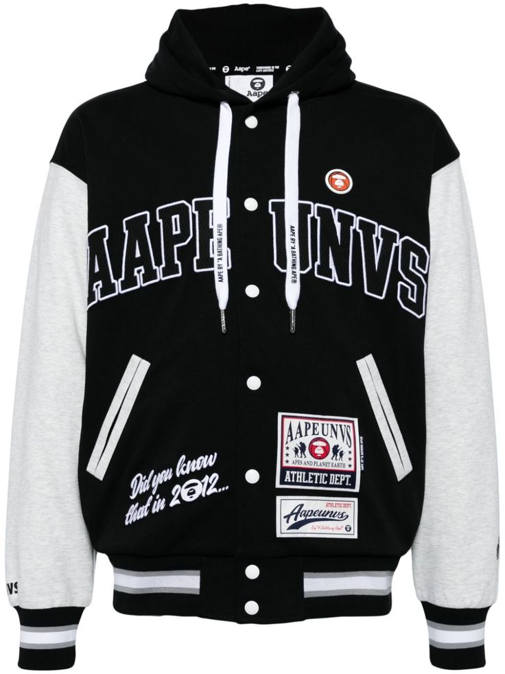 black/white appliqué logo logo patch to the front embroidered slogan logo waistband striped border drawstring hood drop shoulder long sleeves front press-stud fastening elasticated cuffs elasticated hem Black Varsity Jacket With Embroidered Logo For College, College Hip Hop Hooded Varsity Jacket, Hip Hop Hooded Varsity Jacket For College, Black Hoodie With Logo Patch For Fall, Hip Hop Style Hooded Varsity Jacket For College, College Hooded Varsity Jacket With Double-lined Hood, Varsity Hooded Jacket With Double-lined Hood For College, Casual Hooded Varsity Jacket With Letter Print, Hooded College Style Outerwear With Letter Print