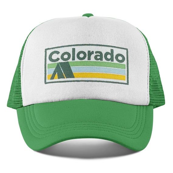 This high quality Colorado toddler hat / kid's snapback trucker hat has a 100% embroidered patch with a colorful mountains design. It's a great gift for a baby shower for any Colorado baby, Colorado toddler or Colorado kid who lives in or visits. It is also a great gift for anybody who likes to spend time in the Colorado mountains in Vail, Aspen, Snowmass, Telluride, Breckenridge or Denver.-- Specifics --Size: This hat fits ages approximately from 2-10 years old. It's ideal for an infant, toddle White Trucker Hat Baseball Cap For Travel, Letter Print Cap For Outdoor Activities, Green Vintage Trucker Hat For Outdoor, Retro Trucker Hat With Curved Brim For Outdoor Activities, Retro Curved Brim Trucker Hat For Outdoor Activities, White Snapback Baseball Cap For Camping, Retro Outdoor Hat With Letter Print, Adjustable White Hats For Camping, White Snapback Hat For Camping