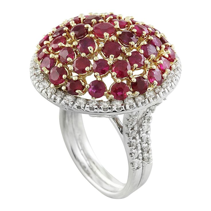 Stamped: 14K Total Ring Weight: 16.7 Grams Ruby5.50 Weight 2.00 Carat (3.00 to 3.50 Millimeters)Diamond Weight: 0.70 carat (F-G Color, VS2-SI1 Clarity )Face Measures: 25.75x24.95 Millimeter SKU: [600674] Luxury Ruby Ring With Diamond Accents And Round Shape, Luxury Round Ruby Ring With Diamond Accents, Luxury Gia Certified White Gold Ruby Ring, Luxury Platinum Ruby Ring, Luxury Ruby Ring With Round Cut And Prong Setting, Luxury Ruby Cluster Ring With Diamonds, Luxury Ruby Ring With Prong Setting, Luxury Cluster Diamond Ring With Gemstone, Luxury Round Cut Ruby Ring With Prong Setting