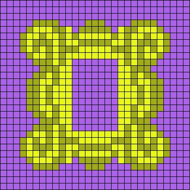 a cross stitch pattern with the letter c in yellow and purple colors on a black background