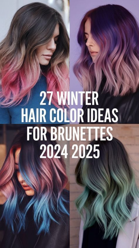 Subtle Color In Hair, Hair Colors Winter 2024, Long Brown Hair Color Ideas, Fun Subtle Hair Color Ideas, Vivid Winter Hair Color, Dark Hair Colors For Winter, Brown Hair With Pastel Highlights, Winter Bayalage Brunette, Fall Winter Hair Color Dark Brown