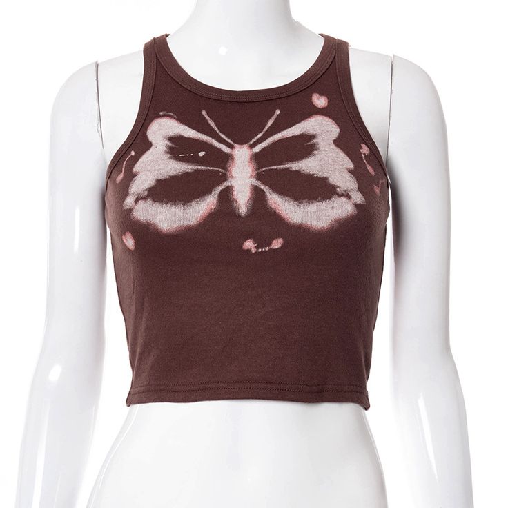 Brown Crop Tops, Bleached Tank Top, Bleach Top, Bleached Top, 90s Fashion Summer, 90s Fashion Party, Indie Streetwear, Butterfly Tank Top, Y2k Tank Top