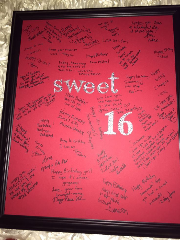 the sweet 16 signed by fans is displayed in a black frame on a red background