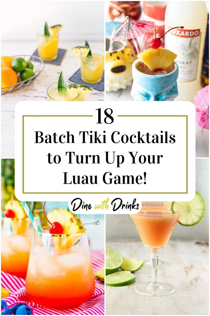 Collage of 4 batch tiki cocktails. Tiki Bar Cocktail Recipes, Tiki 40th Birthday Party, Big Batch Tiki Cocktails, Tiki Party Games, Batch Tiki Cocktails, Luau Cocktail Recipes, Easy Tiki Drinks, Tiki Cocktails Recipes, Big Batch Cocktails Summer