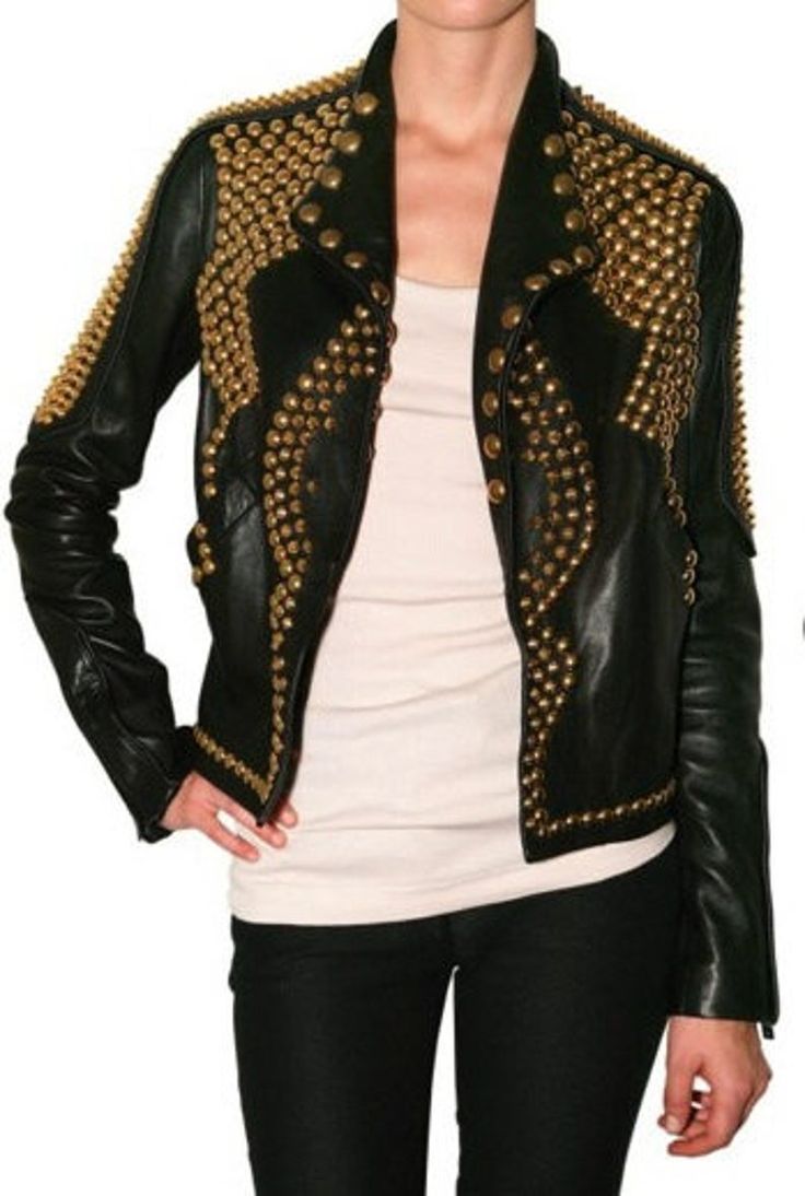 Women Golden Studded Leather Jacket Steam Punk Golden Jacket | Etsy Fitted Leather Jacket With Spikes For Fall, Alternative Spiked Leather Jacket For Fall, Rocker Leather Jacket With Studs And Long Sleeves, Gothic Party Outerwear With Rivets, Studded Outerwear For Streetwear, Gothic Leather Jacket With Rivets For Party, Edgy Party Outerwear With Rivets, Edgy Riveted Outerwear For Parties, Rocker Biker Jacket With Rivets For Fall