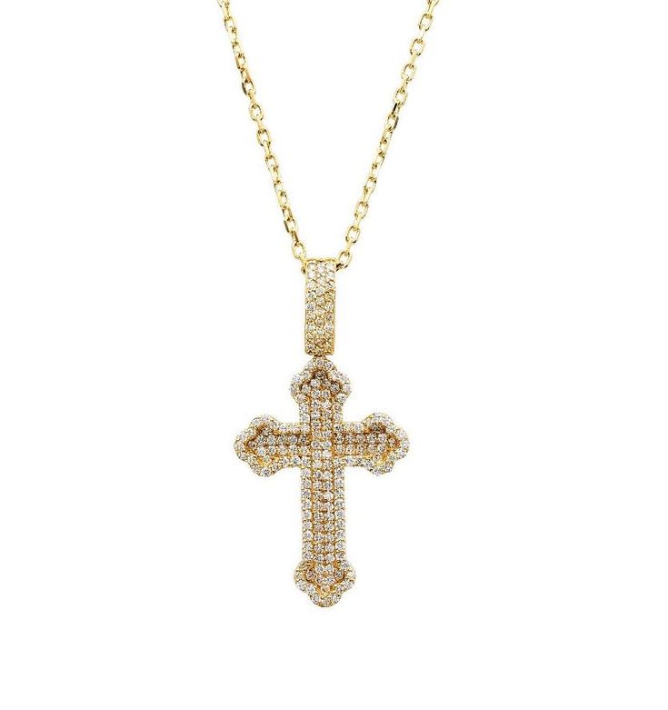 14K YELLOW GOLD 0.80 CARAT NATURAL DIAMOND CROSS NECKLACE -- 9.5 GRAM Cross Height : 42mmCross Width : 21mmDiamond Weight : 0.80 Carat Necklace Weight : 9.5gr ---- Nice and Heavy Weight 154 pc Stones : 1mm Each Stone --- G color SI clarity --- Nice White Color Sparkle Diamonds clarity Luxury Cross-shaped Diamond Cut Necklace, Luxury Gold Necklace With Pave Setting, Luxury White Gold Cross Necklace With Diamond Accents, Luxury Diamond White Diamond Cross Necklace, Exquisite Gold Necklace With Pave Setting, Luxury White Gold Cross Necklace, Custom Luxury Diamond Pendant Necklace, Luxury Custom Diamond Pendant Necklace, Luxury Cross-shaped Diamond Jewelry