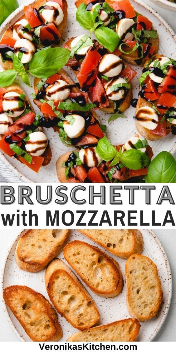 Toasted bread, topped with tomatoes, mozzarella, basil, and balsamic glaze. Bruschetta Mozzarella, Brushetta Appetizers, Bruschetta With Mozzarella, Baguette Appetizer, Fresh Mozzarella Recipe, Bruschetta Bites, Mozzarella Appetizers, Caprese Appetizer, Recipes With Mozzarella Cheese