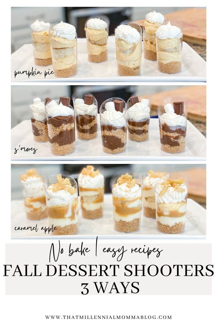 four different desserts are shown with the words, no bake egg recipes fall dessert shooters