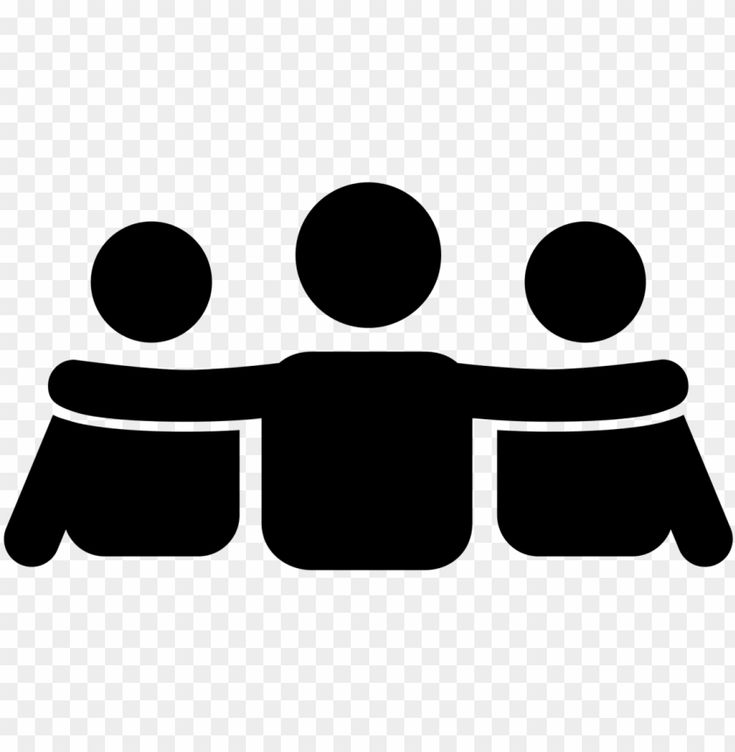 three people standing together in a circle with their arms around each other, black and white icon