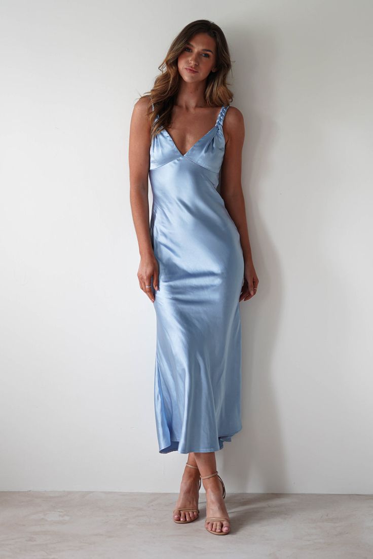 PAREESA SOFT SATIN MAXI DRESS Dusty Blue Dress Midi, Silk Pastel Bridesmaid Dresses, Light Blue Bridesmaid Dress, Satin Summer Dress, Grad Fits, Soft Blue Dress, Uni Motivation, Flowy Silk Dress, Blue Wedding Guest Dresses