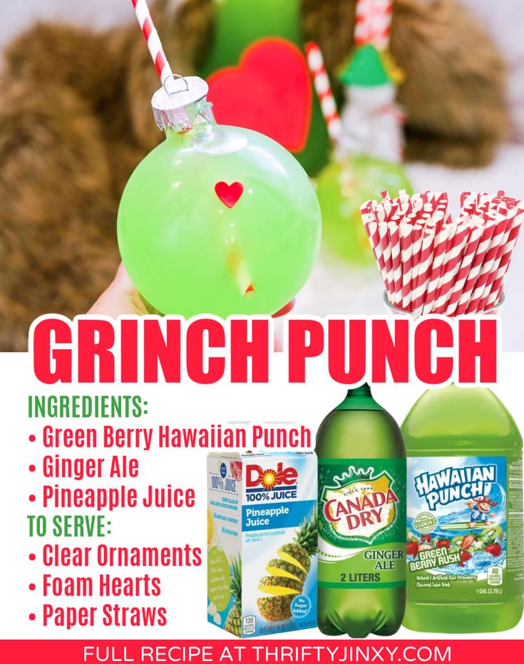 an advertisement for grin punch with green berry hawaiian punch, pineapple juice and clear straws