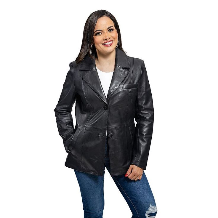 Add a polished touch to any outfit with this women's leather blazer by Whet Blu. Add a polished touch to any outfit with this women's leather blazer by Whet Blu. Shell: leather Wind resistant design 2 button front Long sleeves 2 exterior pockets, 2 interior pockets LinedFIT & SIZING Designed to hit above the knees Classic fit MidweightFABRIC & CARE Lambskin leather Lining: polyester Dry clean Imported Size: X Small. Color: Black. Gender: female. Age Group: adult. Leather Blazer Women, Magic Clothes, Leather Dress Women, Plus Size Outerwear, Leather Blazer, Nice Leather, Leather Dress, Blazer Buttons, Sleek Look