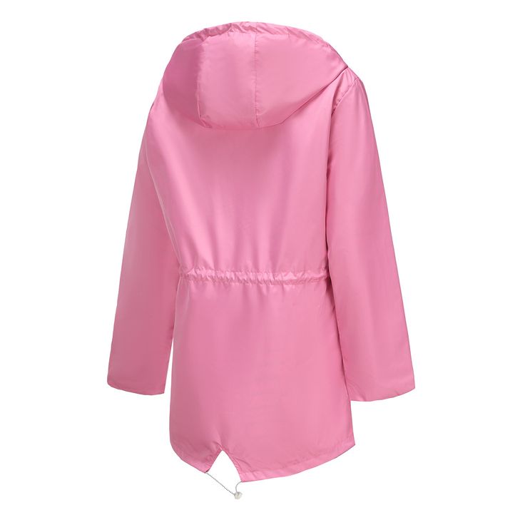 Women's Long Waterproof Jacket Solid Color Zipper Jacket with Hoode Casual Pink Parka With Detachable Hood, Raincoat For Rainy Weather With Long Sleeves, Pink Hooded Parka With Detachable Hood, Solid Long Sleeve Raincoat For Rainy Weather, Long Sleeve Waterproof Outerwear For Fall, Waterproof Long Sleeve Outerwear For Fall, Pink Hooded Jacket With Adjustable Hood For Cold Weather, Pink Outerwear With Drawstring Hood For Cold Weather, Hooded Raincoat With Drawstring Hood For Outdoor Activities