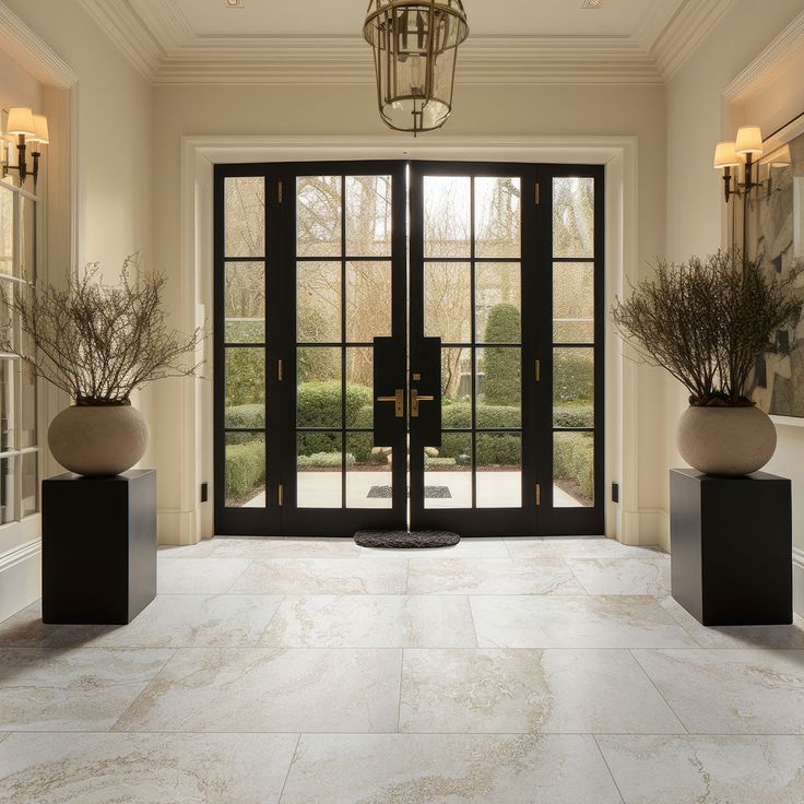 two large vases with plants in them are sitting on the floor next to an open door