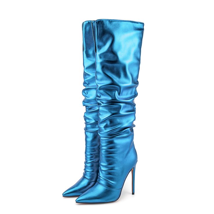 Shop Neon Metallic Blue Pointed Toe Slouch Boots Stiletto Heel Knee High Boots color Blue for Anniversary, Going out, Hanging out with worldwide Free shipping & Free return. Blue Pointed Toe Heeled Boots For Party, Blue High Heel Boots For Evening, Blue Pointed Toe Heels For Winter, Blue Heels For Evening Winter Events, Blue Heels For Evening In Winter, Elegant Blue Heels For Winter, Blue Pointed Toe Boots For Night Out, Chic Blue Pointed Toe Boots, Blue Heels For Winter Party